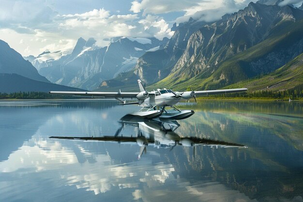 a plane is flying over a mountain lake