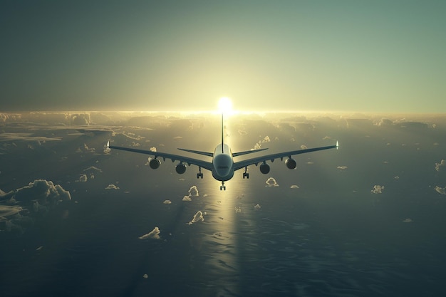 a plane is flying over the ocean with the sun shining through the clouds