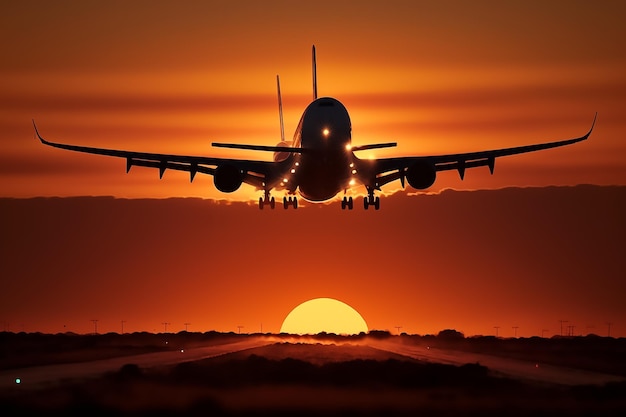 A plane is flying over a runway with the sun in the background.