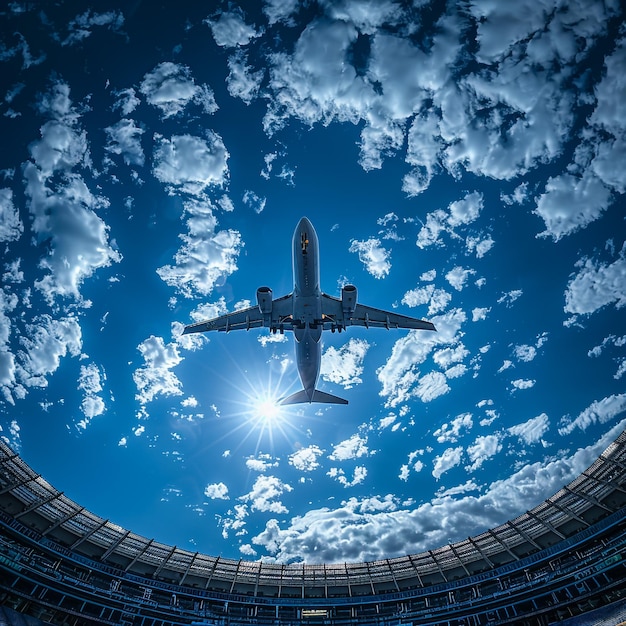 a plane is flying in the sky above a building with the sun shining through the clouds