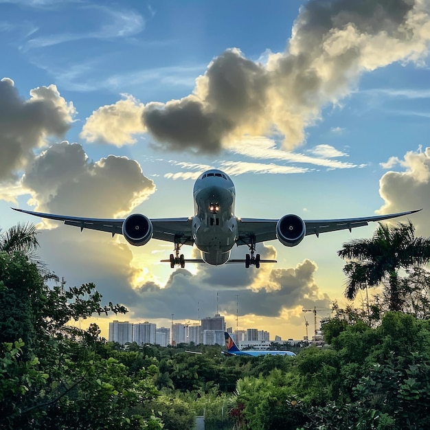 a plane is flying in the sky with the city in the background