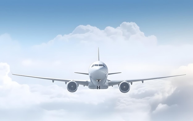 A plane is flying in the sky with clouds in the background.