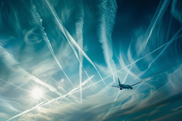 a plane is flying in the sky with the jet trails