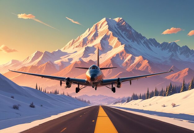 Photo a plane is flying over a snowy road with mountains in the background