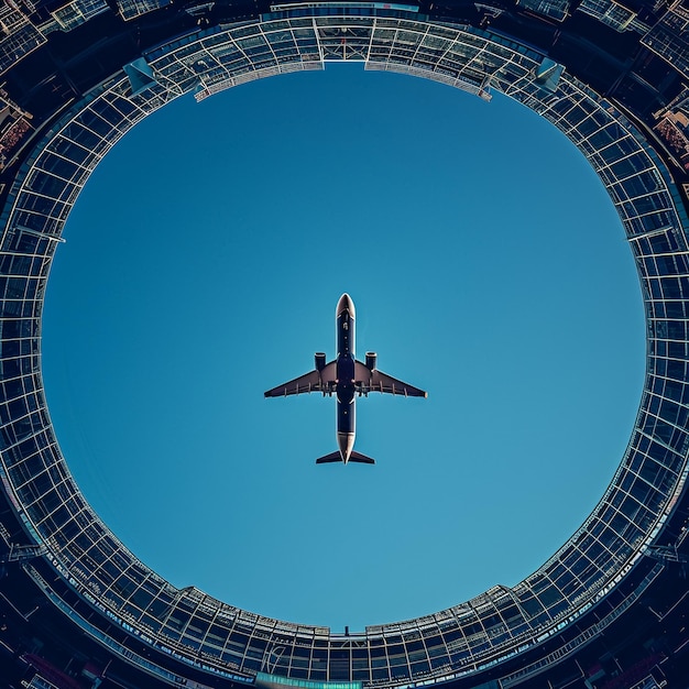 a plane is flying through a circular structure with a building in the background