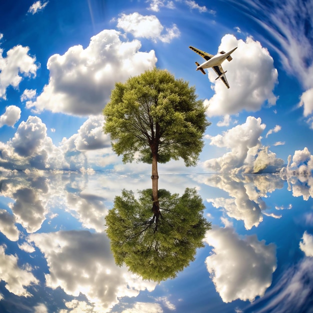 Photo a plane is flying over a tree and the sky is blue