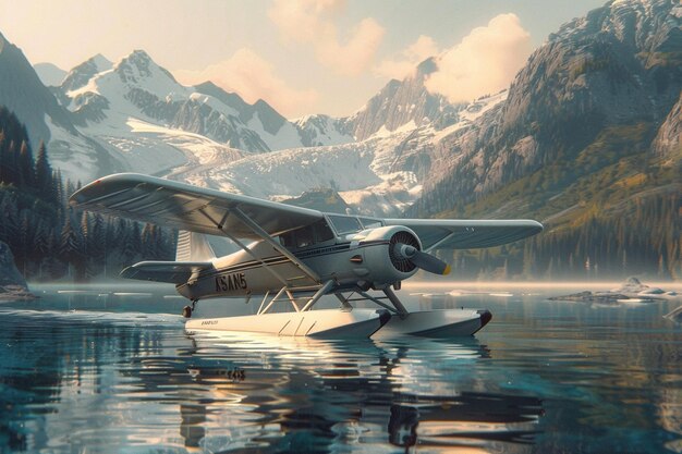 a plane is flying over the water and mountains