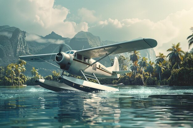 a plane is flying over the water with palm trees in the background