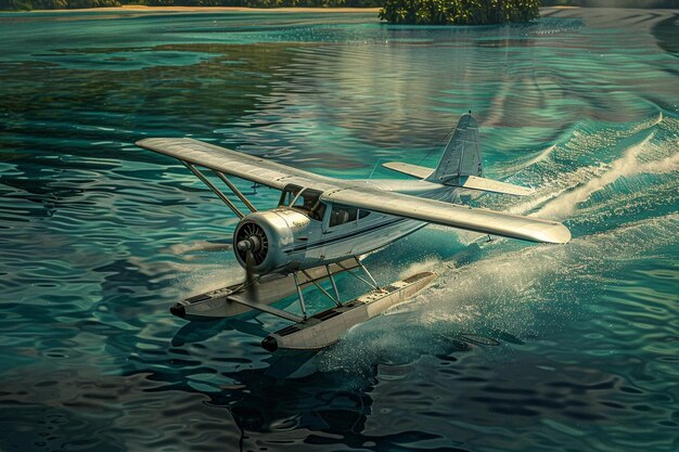 a plane is flying over the water with the water in the background