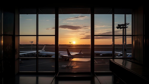 A plane is parked at an airport with the sun setting behind it