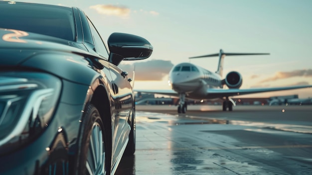 Photo a plane is parked next to a car with a car in the background