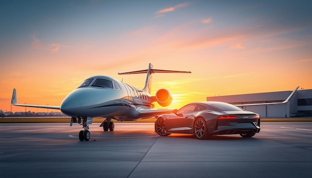 a plane is parked on the tarmac with the sun setting behind it