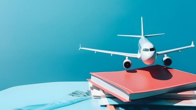 A plane is on a red book with a blue background.