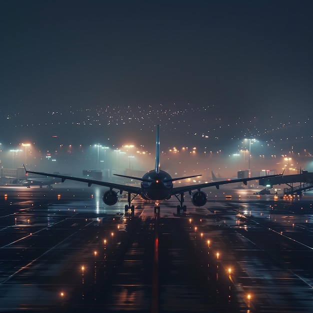 a plane is on the runway at night with lights on