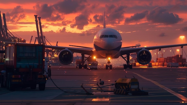 a plane is on the runway and the sun is setting