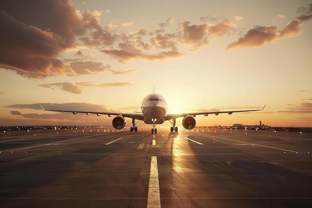 a plane is on the runway at sunset