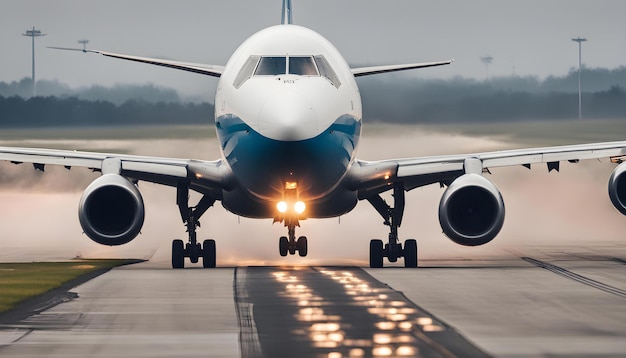 a plane is on the runway with the lights on