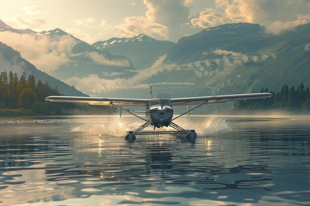 Photo a plane is spraying water from the water with mountains in the background