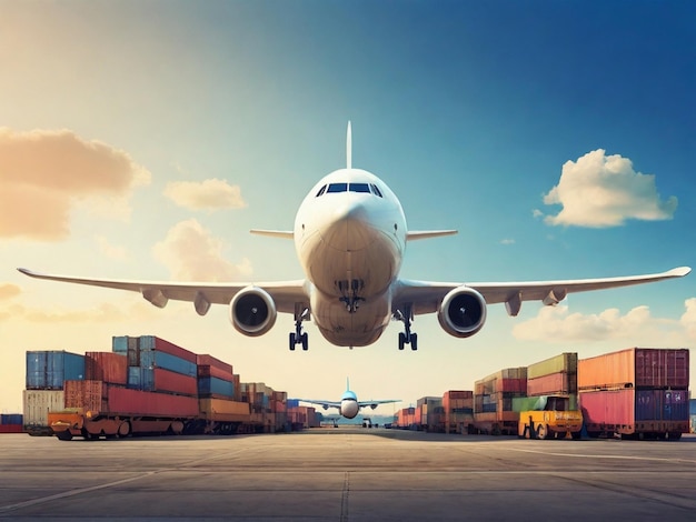 a plane is taking off from the airport with a cargo container in the background