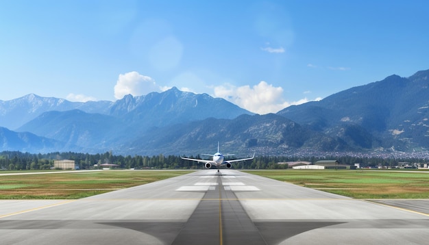 a plane is taking off from the runway in front of mountains