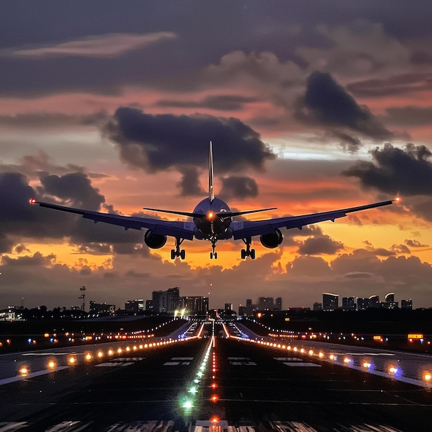 a plane is taking off from the runway at sunset