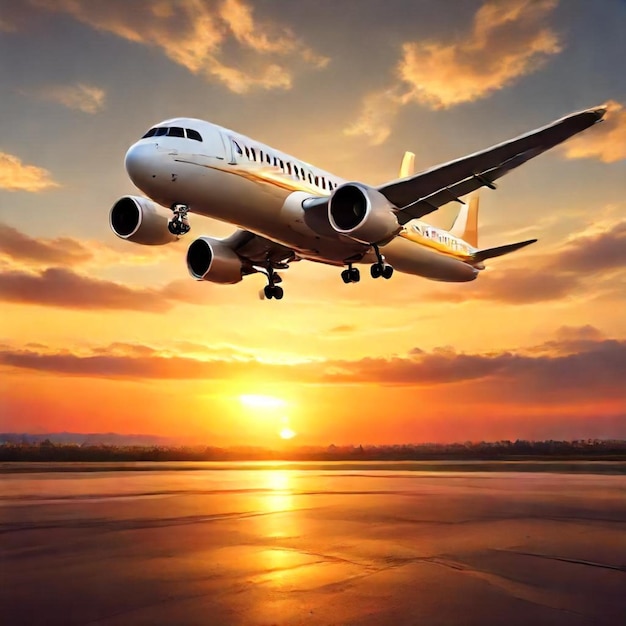 a plane is taking off from the runway at sunset