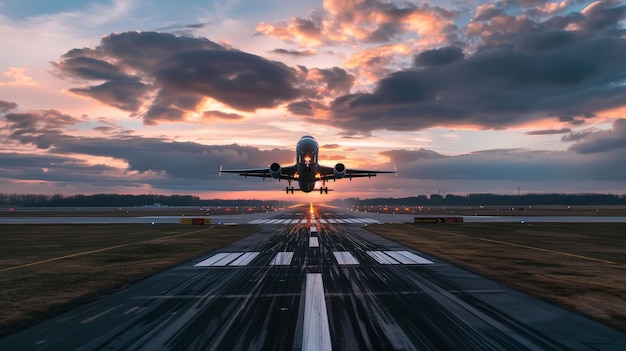 Photo a plane is taking off from a runway at sunset