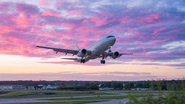 a plane is taking off from the runway at sunset