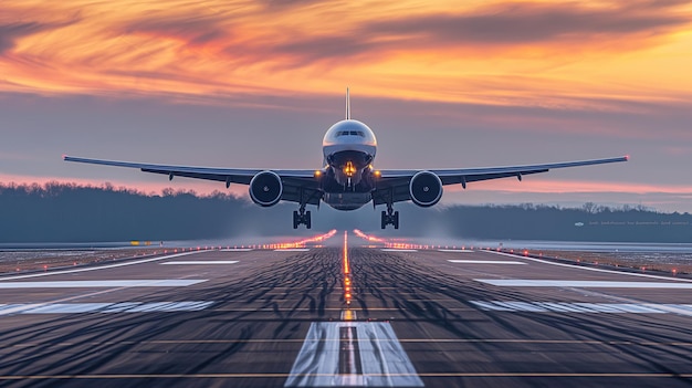 a plane is taking off from a runway at sunset