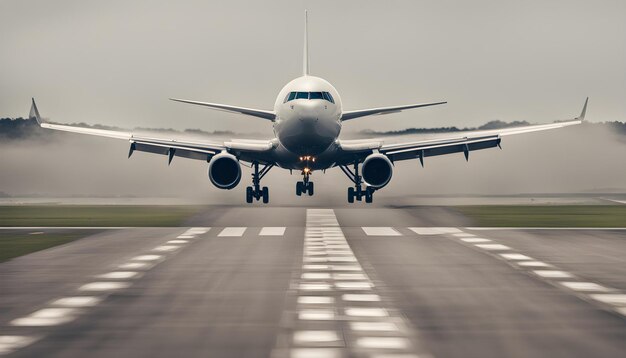 a plane is taking off from the runway with the lights on