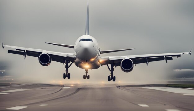 a plane is taking off from the runway with the lights on