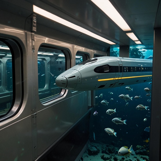 a plane is in a tank with fish swimming in it