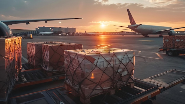 Photo a plane is on the tarmac with the sun setting behind it