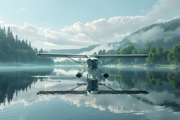 Photo a plane is on the water with the mountains in the background