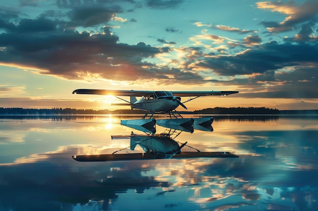 a plane is on the water with the sun reflecting on the water