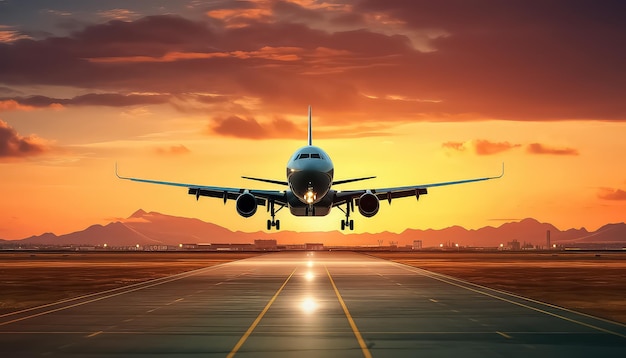 The plane prepares to take off at sunset