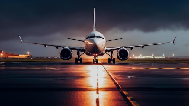 A plane on a runway at night with the lights on