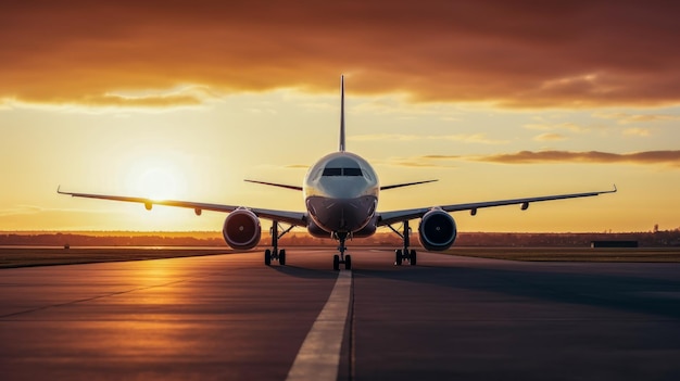 A plane on a runway at sunset with the sun behind it