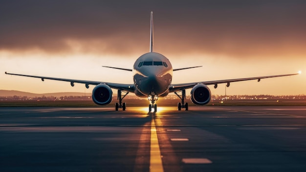 A plane on a runway at sunset with the sun setting behind it