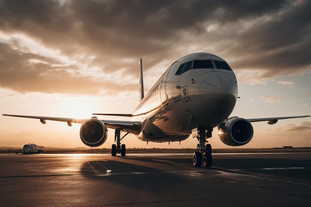 A plane on the runway at sunset