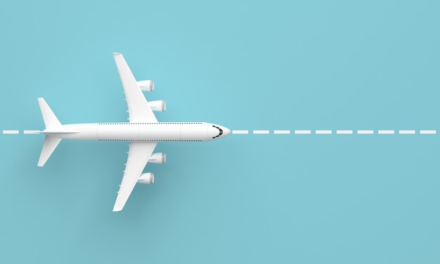 Plane on the runway. Top view and blue surface. Minimal idea concept, 3d rendering