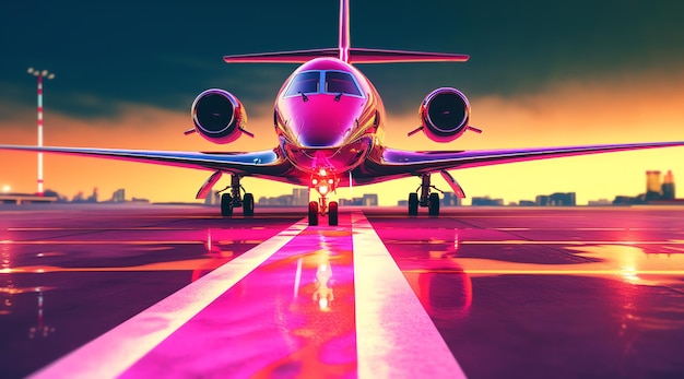 A plane on a runway with the lights on