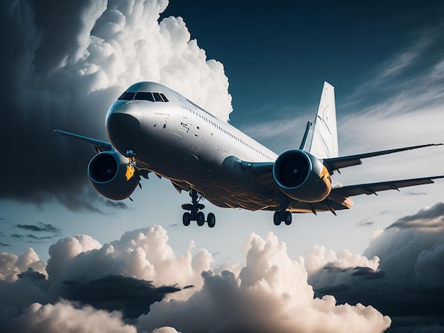 A plane in the sky with cloudy scenery