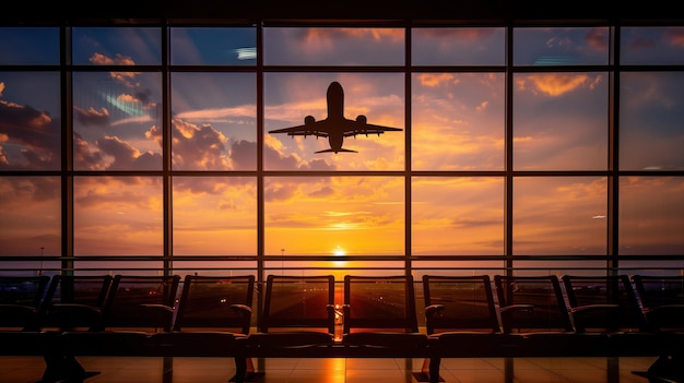 plane takes off at the airport view through the windows