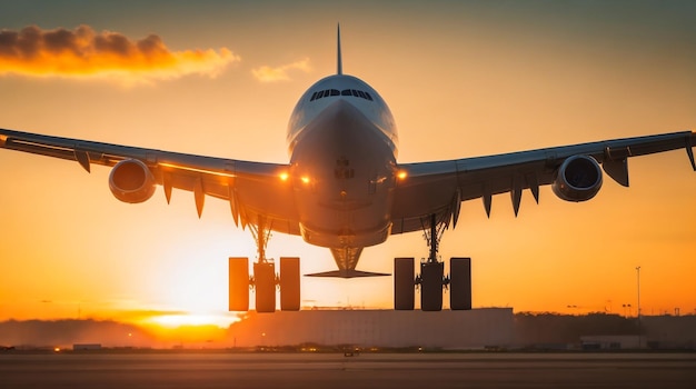 The plane takes off from the runway in the evening at the airport