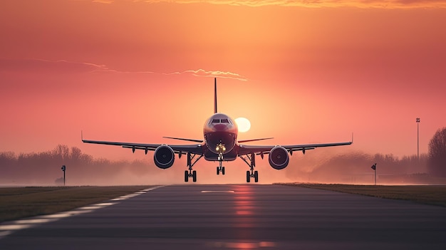 A plane takes off from a runway at sunset