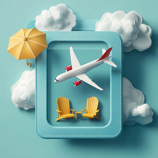 Plane takes off with clouds Airline ticket deck chair umbrella and airplane window in passport For media tourism advertising design Vacation travel and Transportation concept