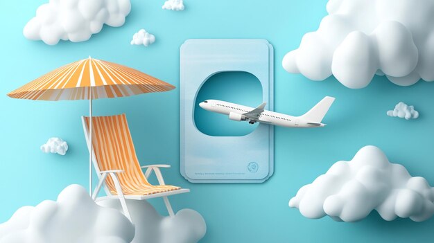 Photo plane takes off with clouds airline ticket deck chair umbrella and airplane window in passport for media tourism advertising design vacation travel and transportation concept