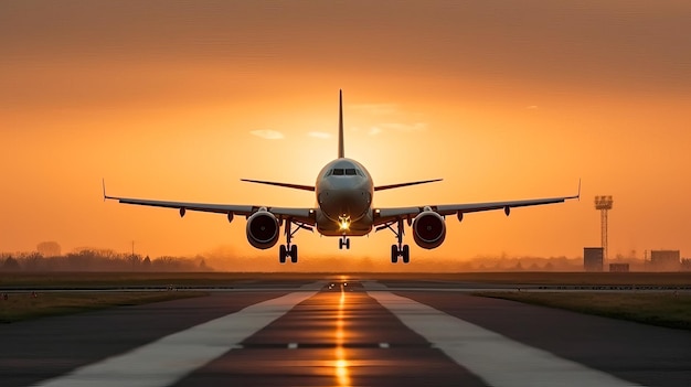 A plane taking off from a runway at sunset