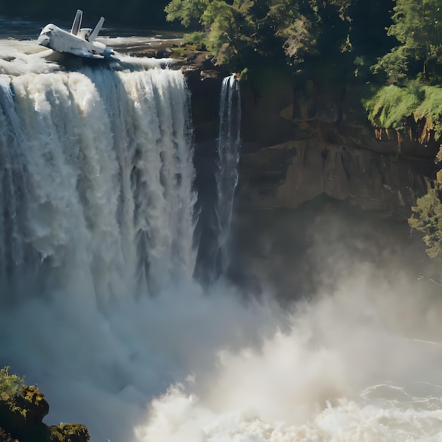 a plane that is flying over a waterfall